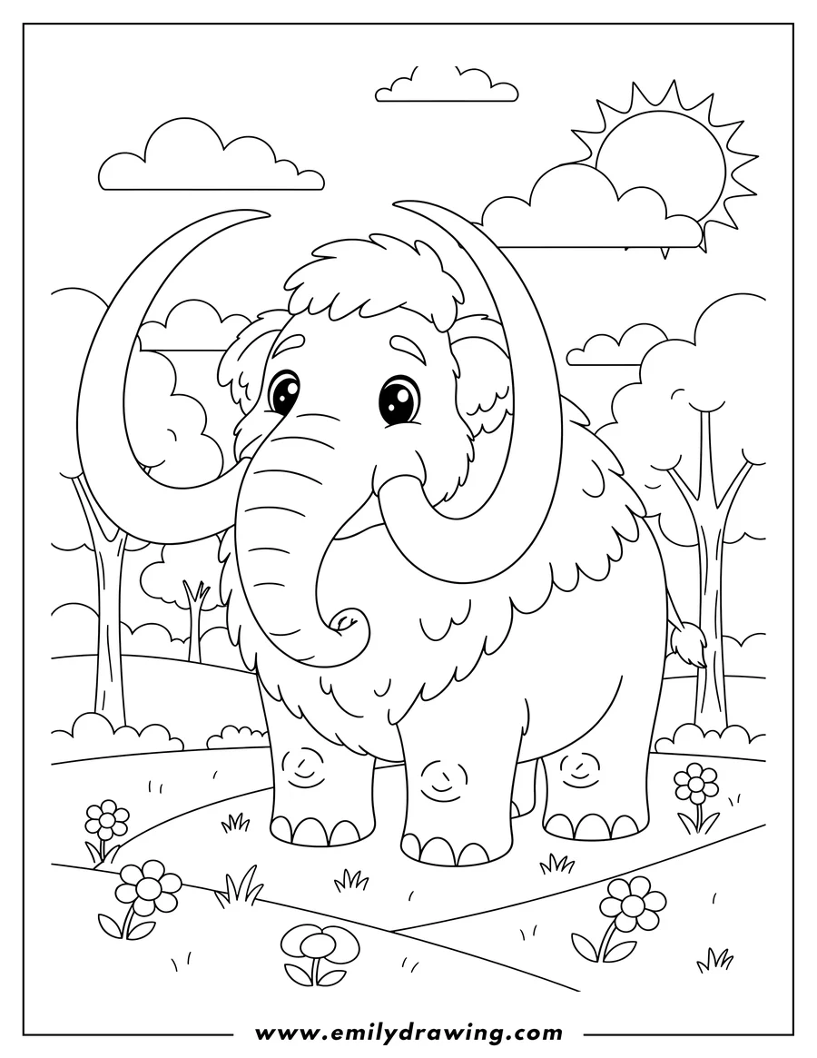 Printable coloring page of cute Mammoth Nature, fluffy and standing with large tusks
