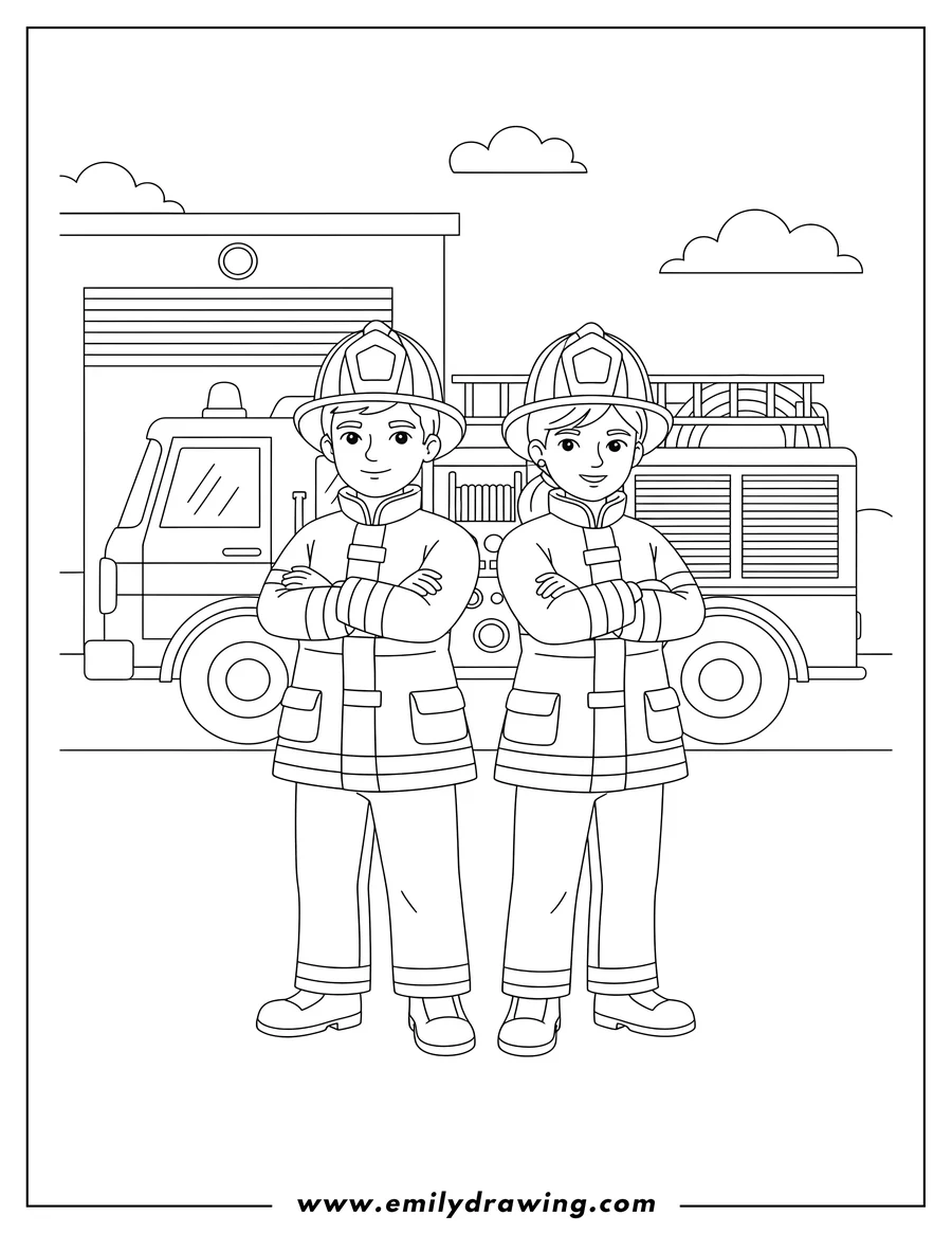 Simple sketch of man and Woman Firefighter wearing helmets, with arms crossed, in front of a Fire Truck to color