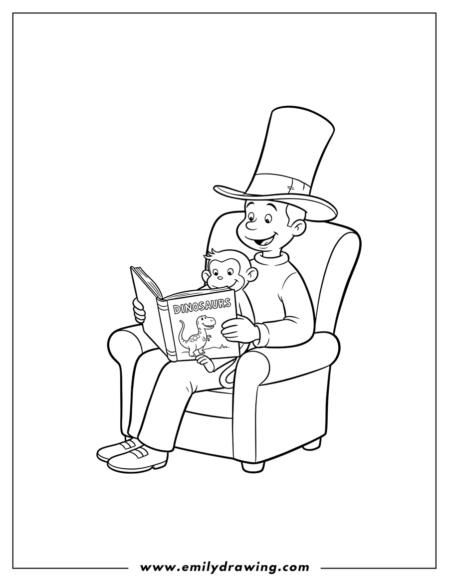 Free printable coloring sheet of the Man in the Yellow Hat reading a 'DINOSAURS' book to Curious George on his lap
