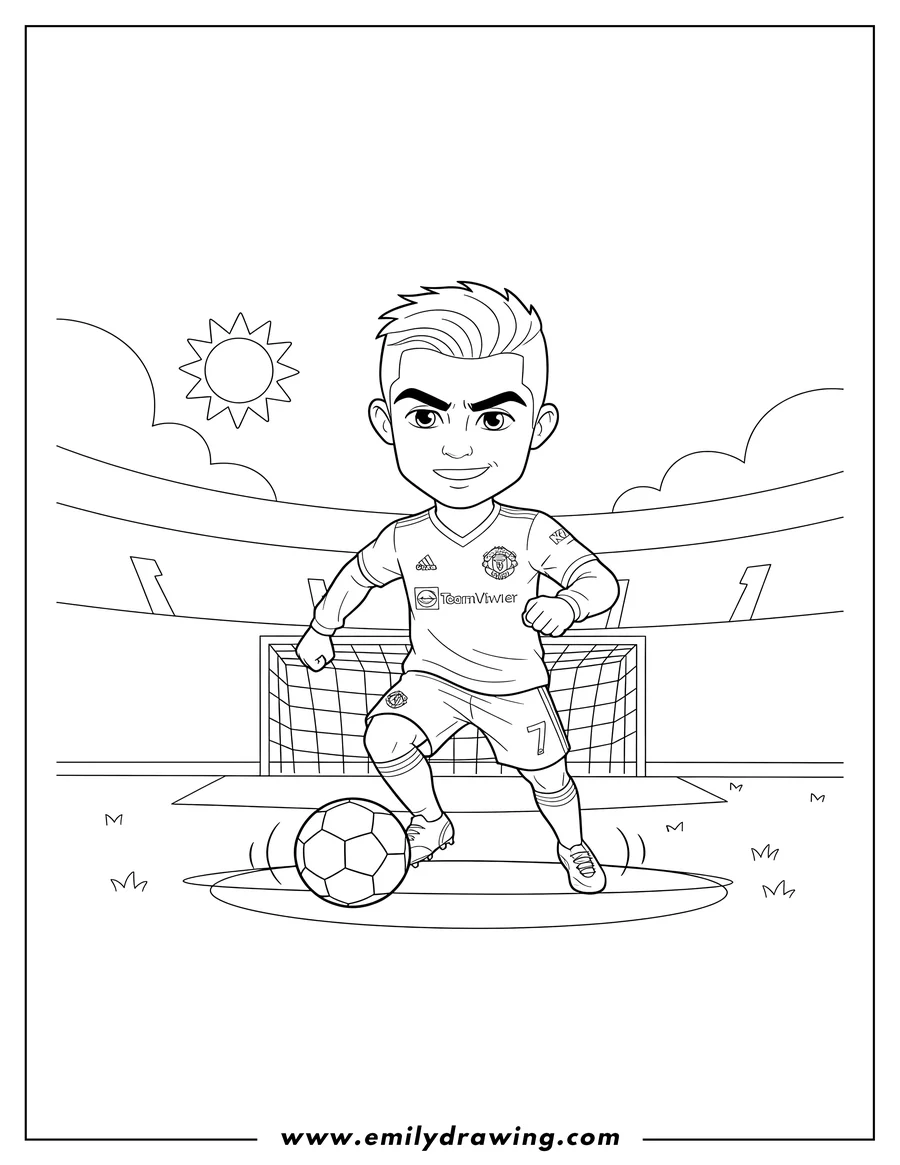 Simple sketch of ronaldo Manchester dribbling a soccer ball to color