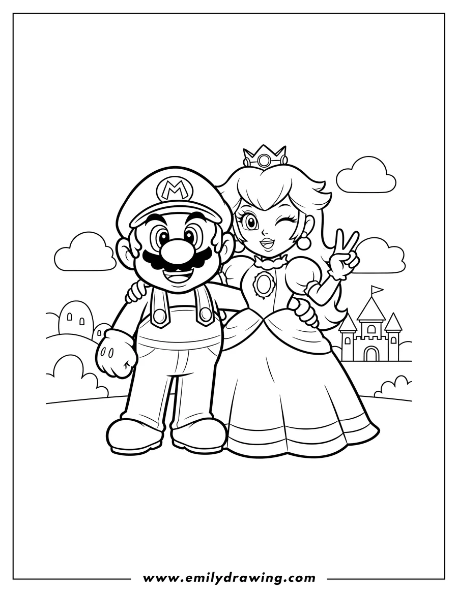 Coloring page for kids: mario And Peach Scaled, with arms around each other, Peach winking and making a peace sign