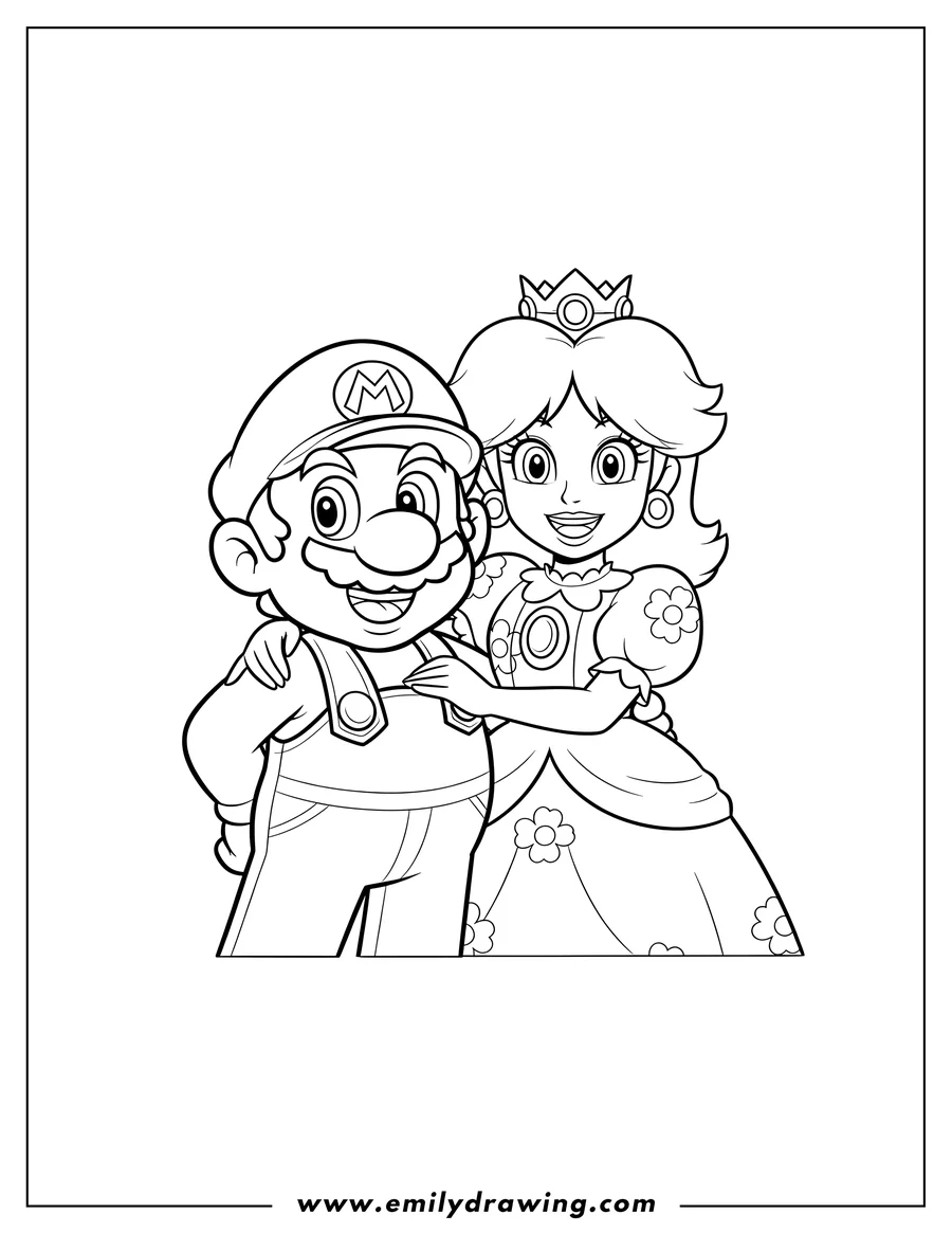 Free to print drawing of mario and Princess Daisy smiling, with Daisy's arm around Mario
