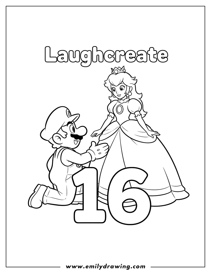 Coloring page for kids: laughcreate 16 Scaled, Mario kneeling to Princess Peach