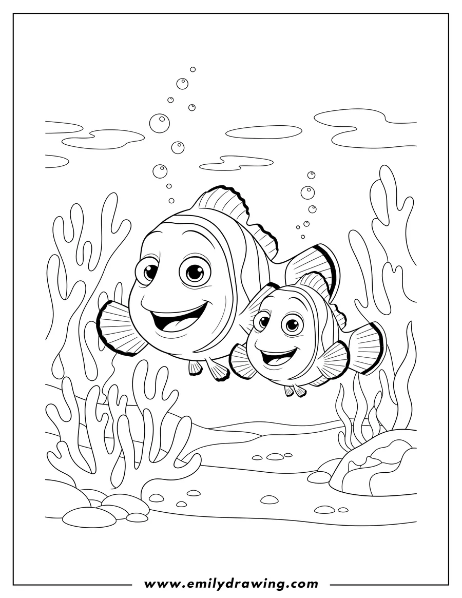 Printable line art of finding Nemo Disney Cover Image of Marlin and Nemo smiling and swimming together