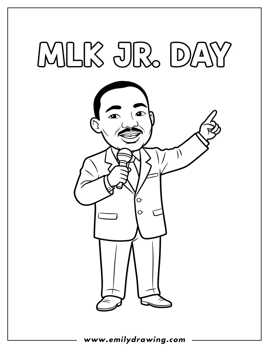 Printable line art of cute Martin Luther King Jr holding a microphone, pointing, wearing a suit and tie, with MLK Jr. Day text