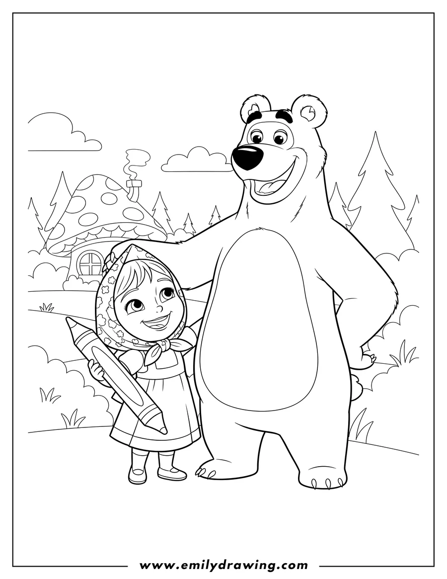 Doodle style coloring picture of masha and the Bear standing together and smiling, coloring page
