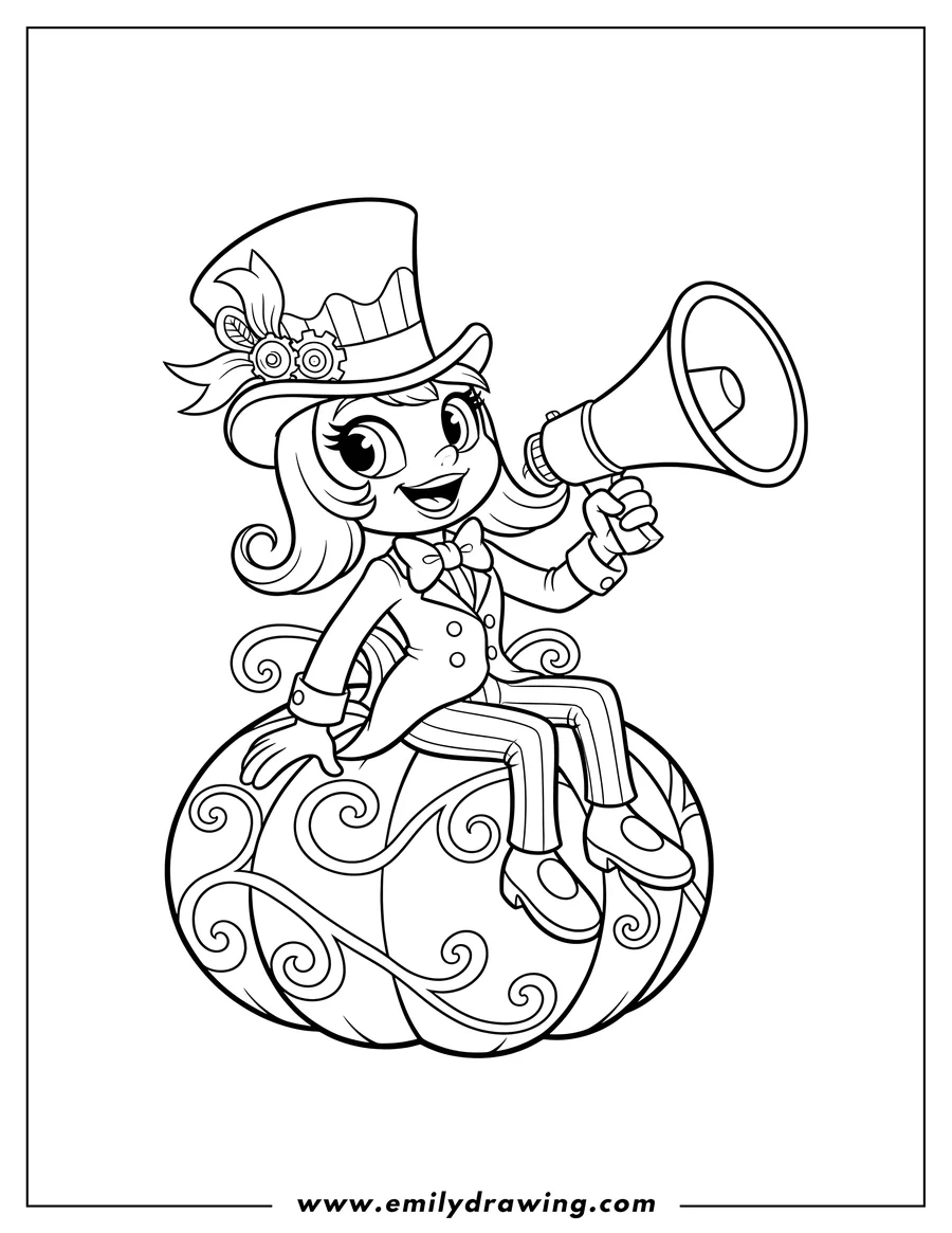 High quality printable miss Mindy Mayor wearing a top hat, holding a megaphone, and sitting on a pumpkin for coloring