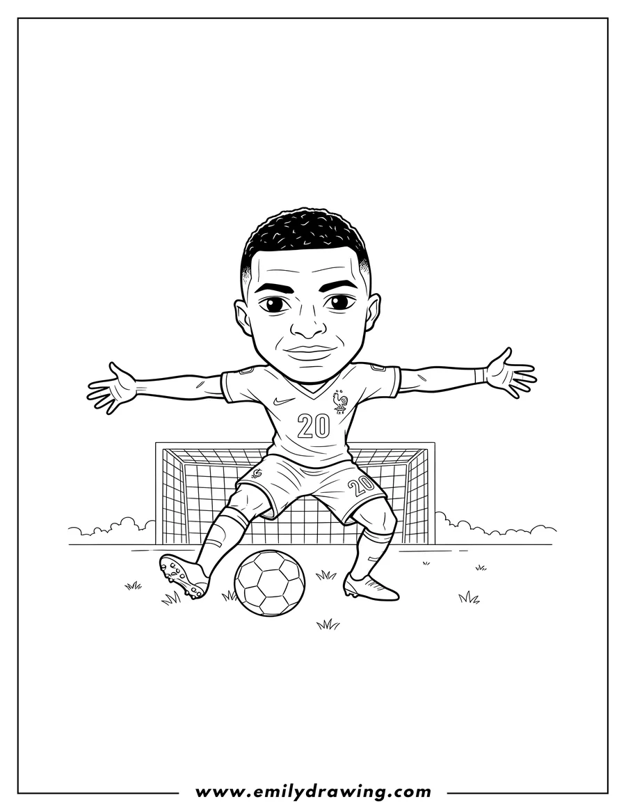 Linear illustration of kylian Mbappe wearing a number 20 soccer uniform, about to kick a football with arms spread