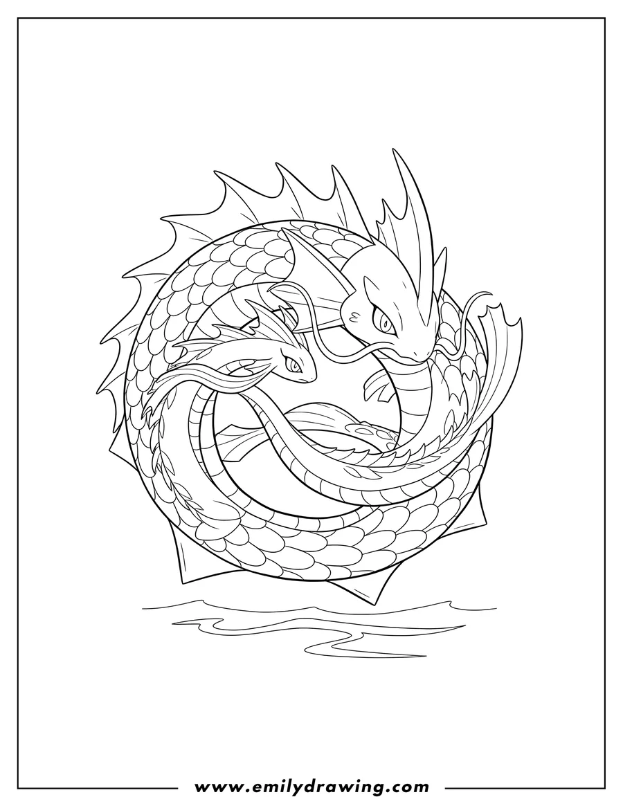 PDF style coloring page: mega Gyarados in a coiled pose with Milotic intertwined around it