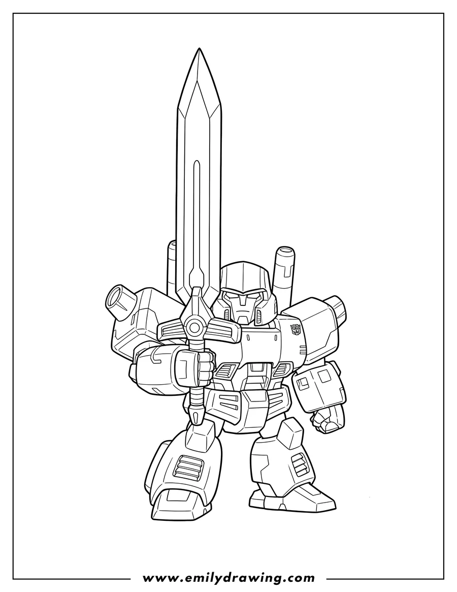 Simple sketch of megatron Transformer Scaled, wielding a sword with both hands to color