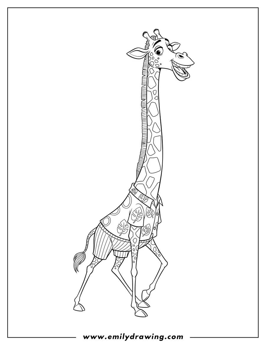 Simple sketch of melman Giraffe walking and smiling with his mouth open to color