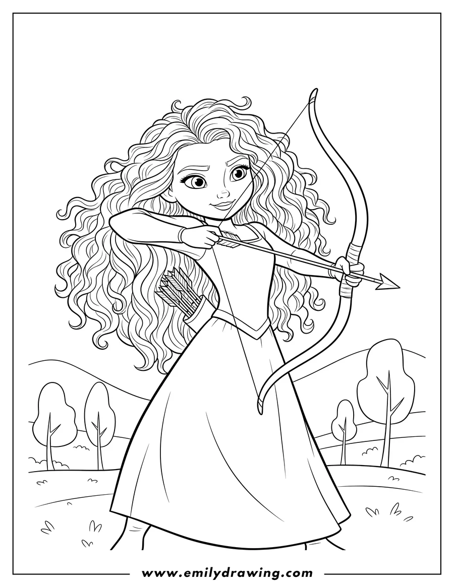 Full page coloring image of cute Merida with long curly hair aiming a bow and arrow