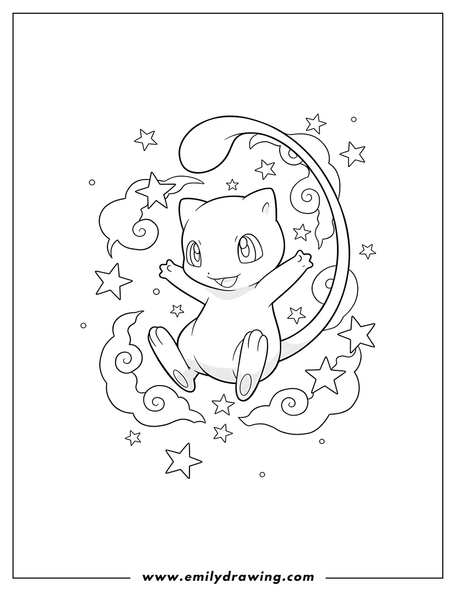 Downloadable coloring page of mew Floating Sky With Stars with outstretched arms and a looping tail
