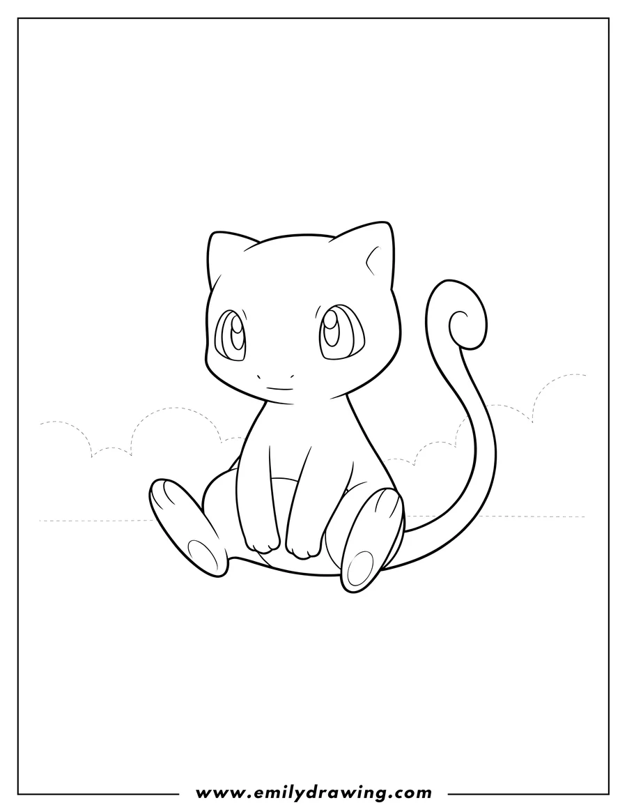 Doodle style coloring picture of mew from a video game, sitting