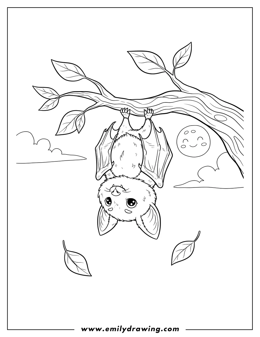 Coloring sheet featuring mewitti Bat Getting Ready To Fly, hanging upside down from a tree branch with partially spread wings