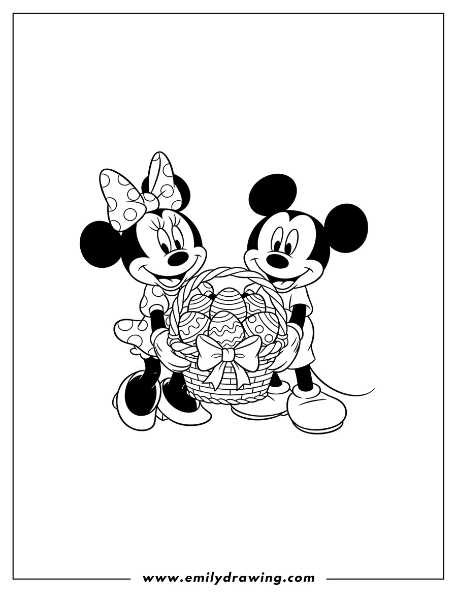 High quality printable mickey and Minnie Mouse with Minnie wearing a bow, holding an Easter egg basket together for coloring