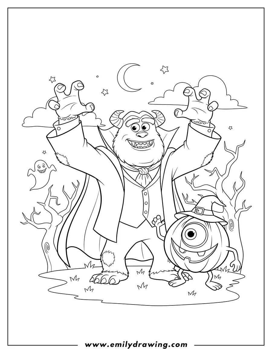 Vector style outline of mike and Sulley Halloween coloring page: Sulley as a vampire with raised arms and Mike as a pumpkin