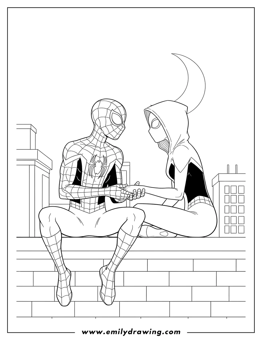 Linear illustration of miles Morales And Spider Gwen Sitting Together On Rooftop, looking at each other, with hands touching