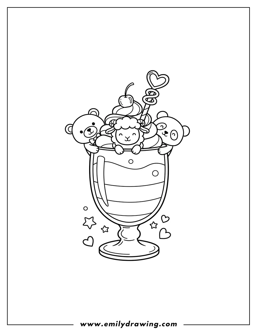 Doodle style coloring picture of cute Milkshake With Tiny Animals, topped with whipped cream, featuring a teddy bear, sheep, and panda peeking out and holding onto the glass