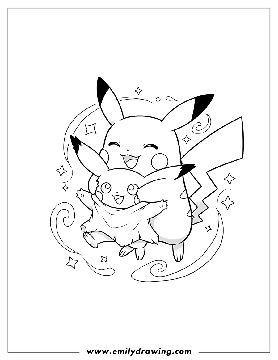 Linear illustration of mimikyu With Pikachu hugging, joined by a small ghost, Pokemon Poster