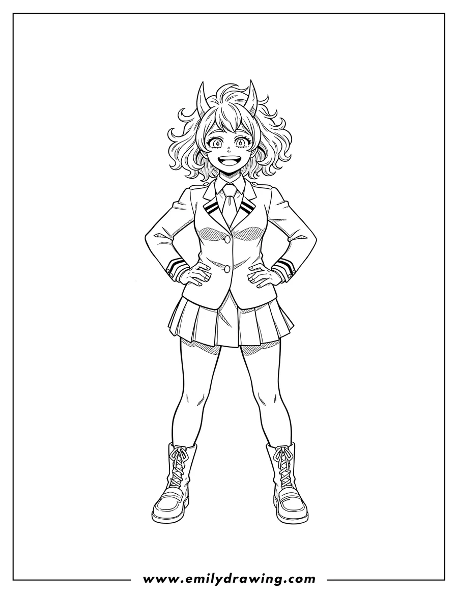 Outline drawing of mina Ashido from My Hero Academia in U.A. school uniform, smiling with hands on hips