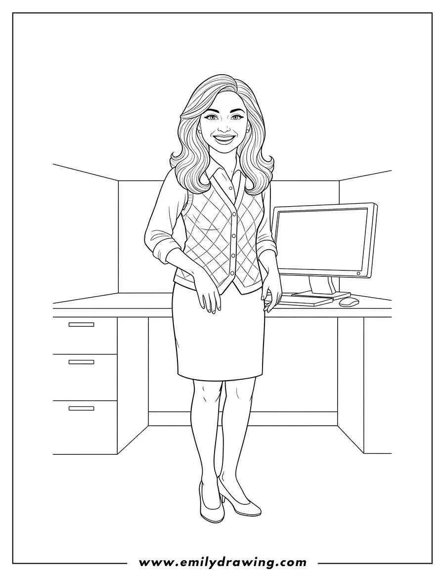 Free to print drawing of mindy Kaling As Kelly Kapoor in the Office, smiling and wearing a vest