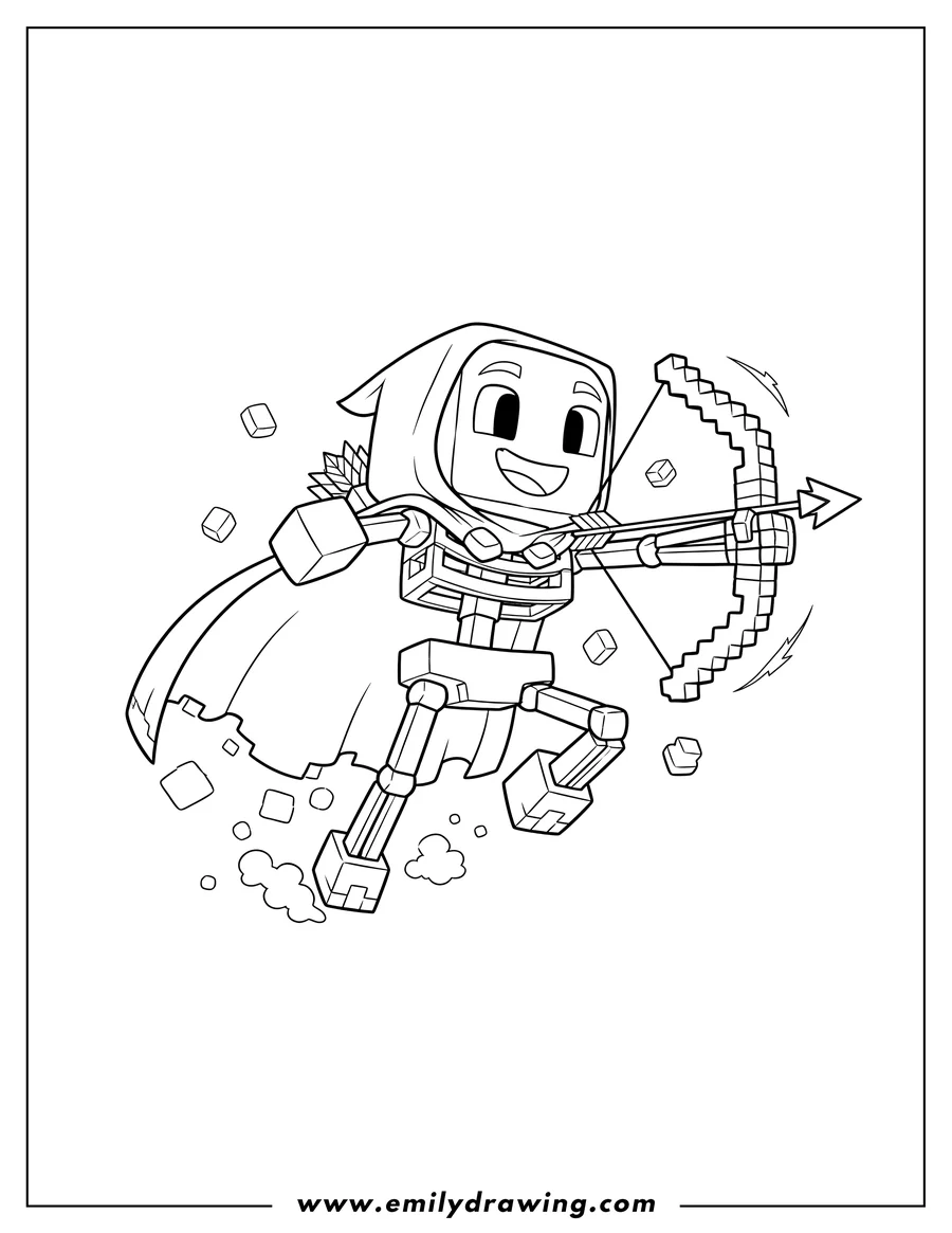 Simple sketch of cute Minecraft skeleton character with a joyful expression, in a dynamic pose to color