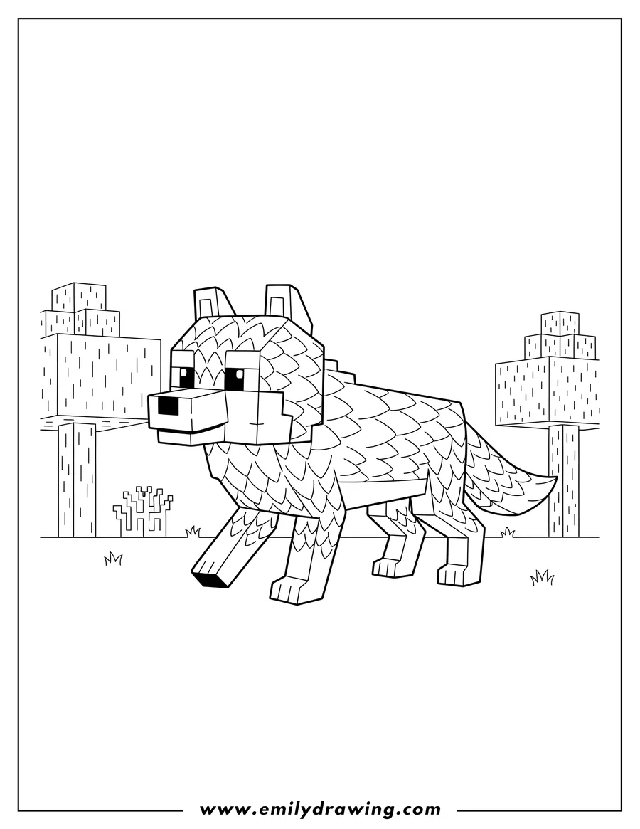 Coloring page for kids: cute Minecraft Wolf Scaled, walking