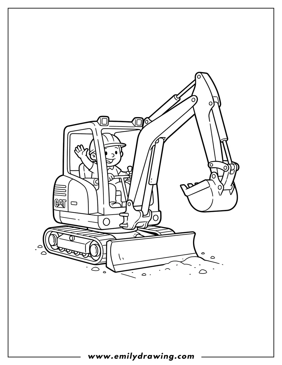 Coloring page of mini Caterpillar Excavator with an operator, arm extended, and a front blade