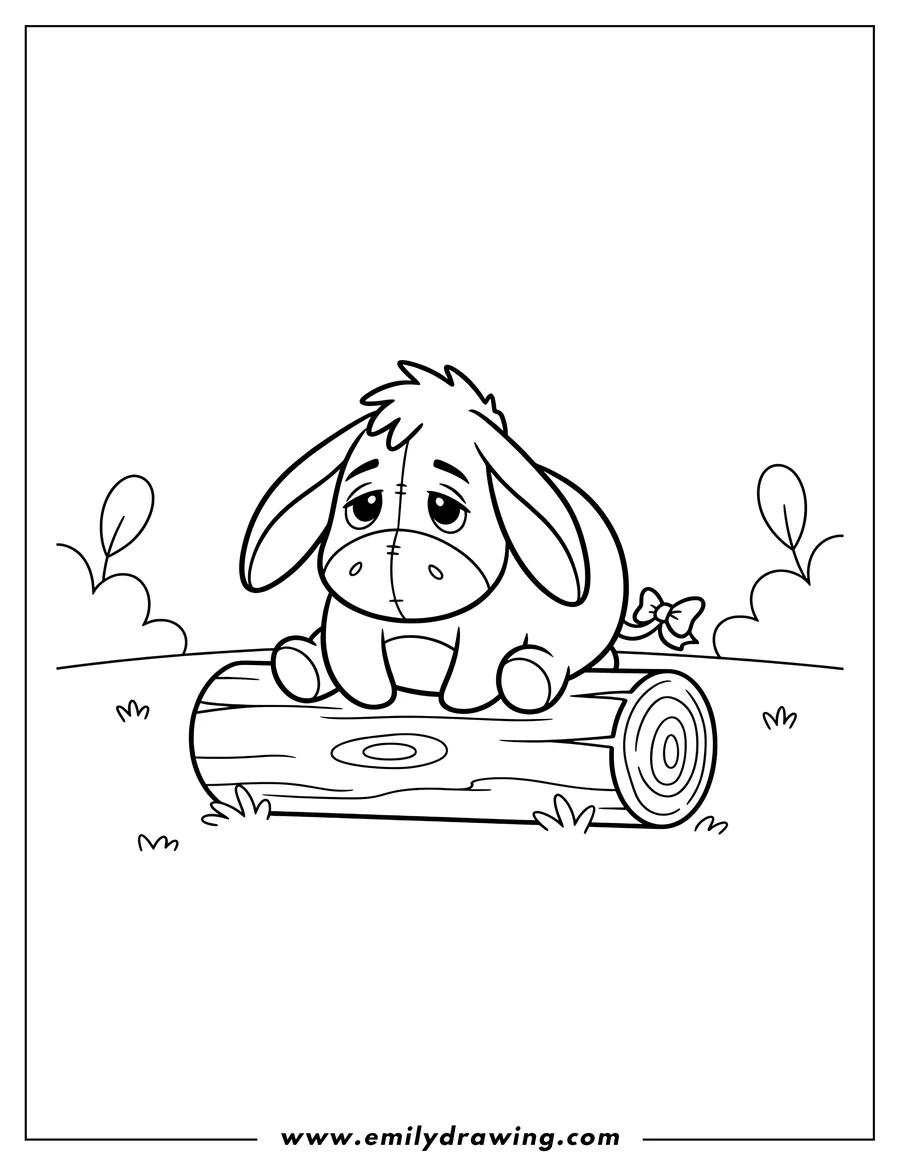 Coloring page for kids: mini Eeyore Tsum Tsum sitting on a log, looking forward