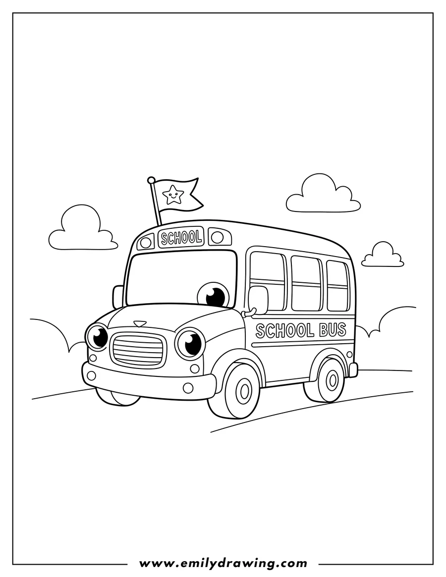 Linear illustration of A cute mini school bus with 'SCHOOL BUS' written on the side