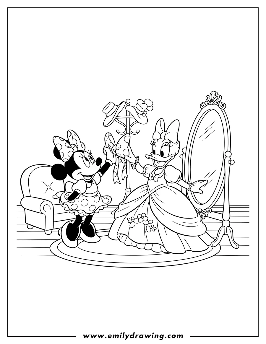 Free to print drawing of minnie And Daisy Playing Dress Ups, Daisy looking in a mirror and Minnie holding a bow