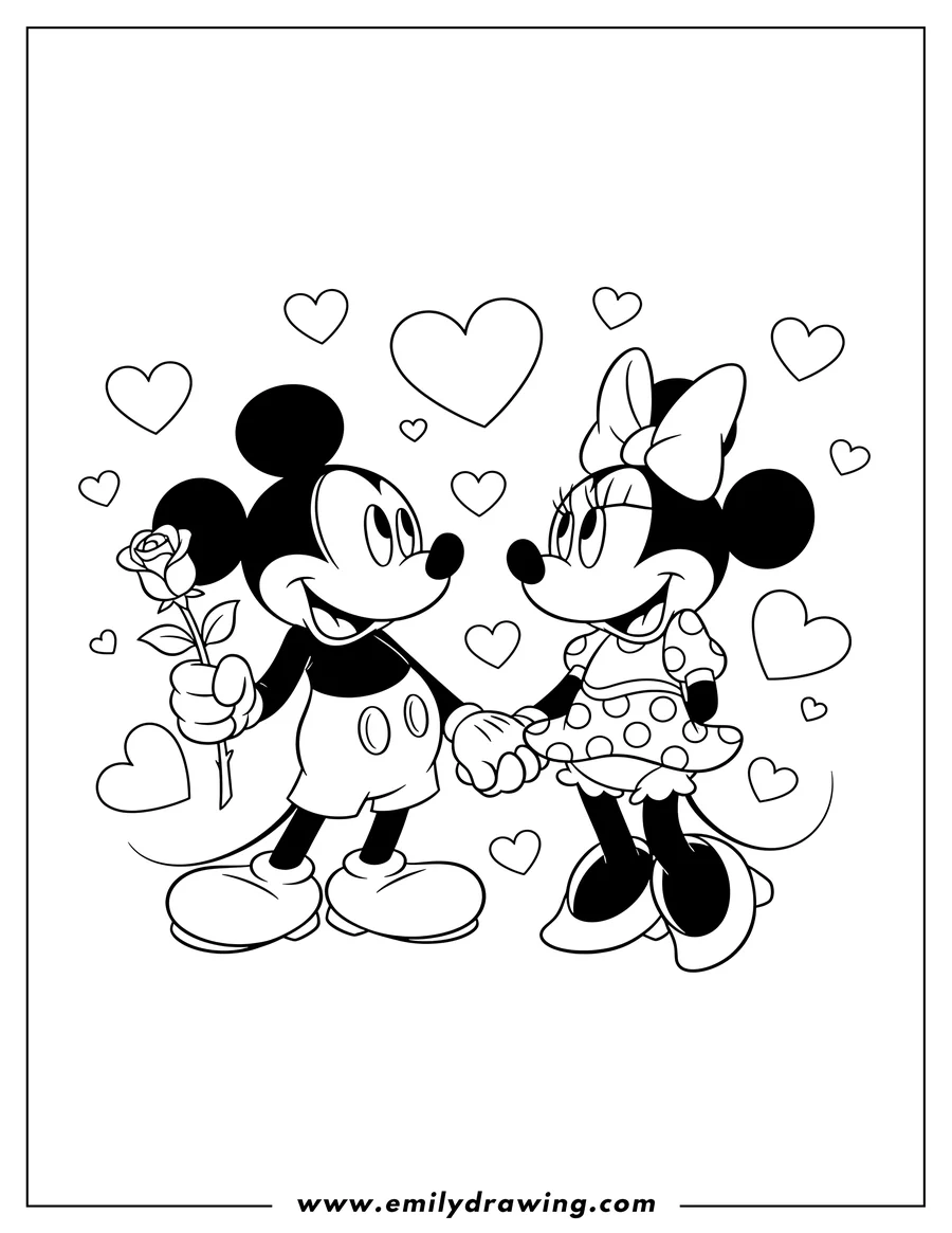 Printable coloring page of minnie Mouse and Mickey Mouse holding hands and looking at each other, with Mickey offering a rose, surrounded by floating hearts