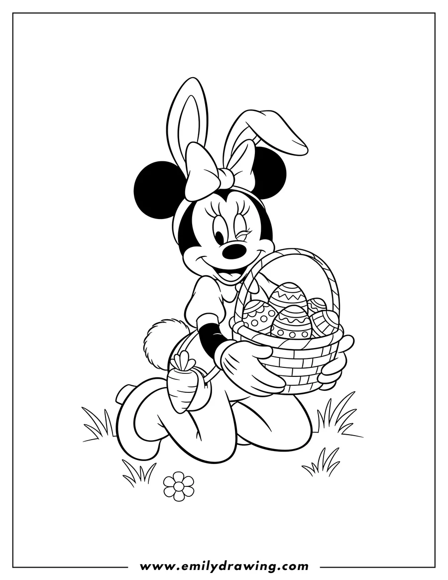Printable line art of minnie Mouse in Easter Bunny costume kneeling and winking, holding a basket with eggs
