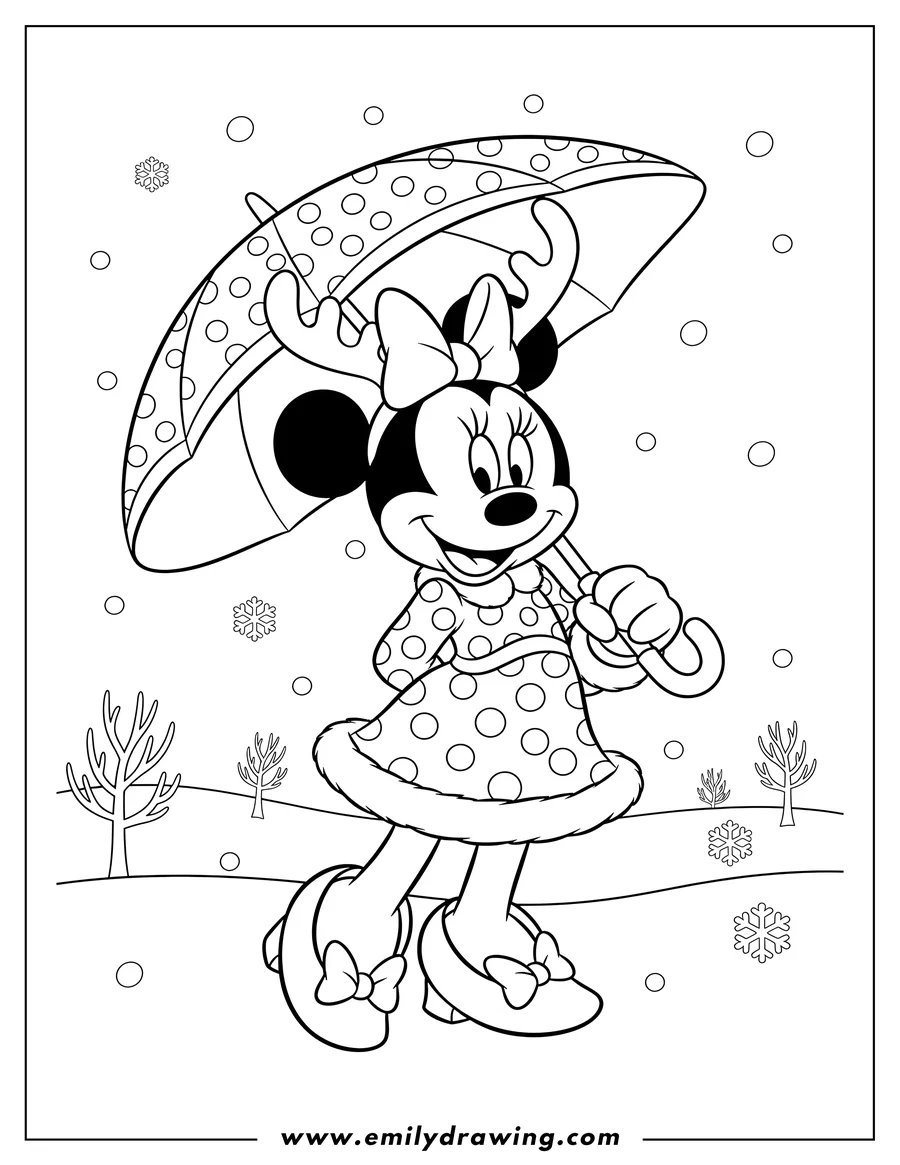 High quality printable minnie Mouse With Reindeer Antlers Winter, holding an umbrella and wearing a polka dot dress for coloring