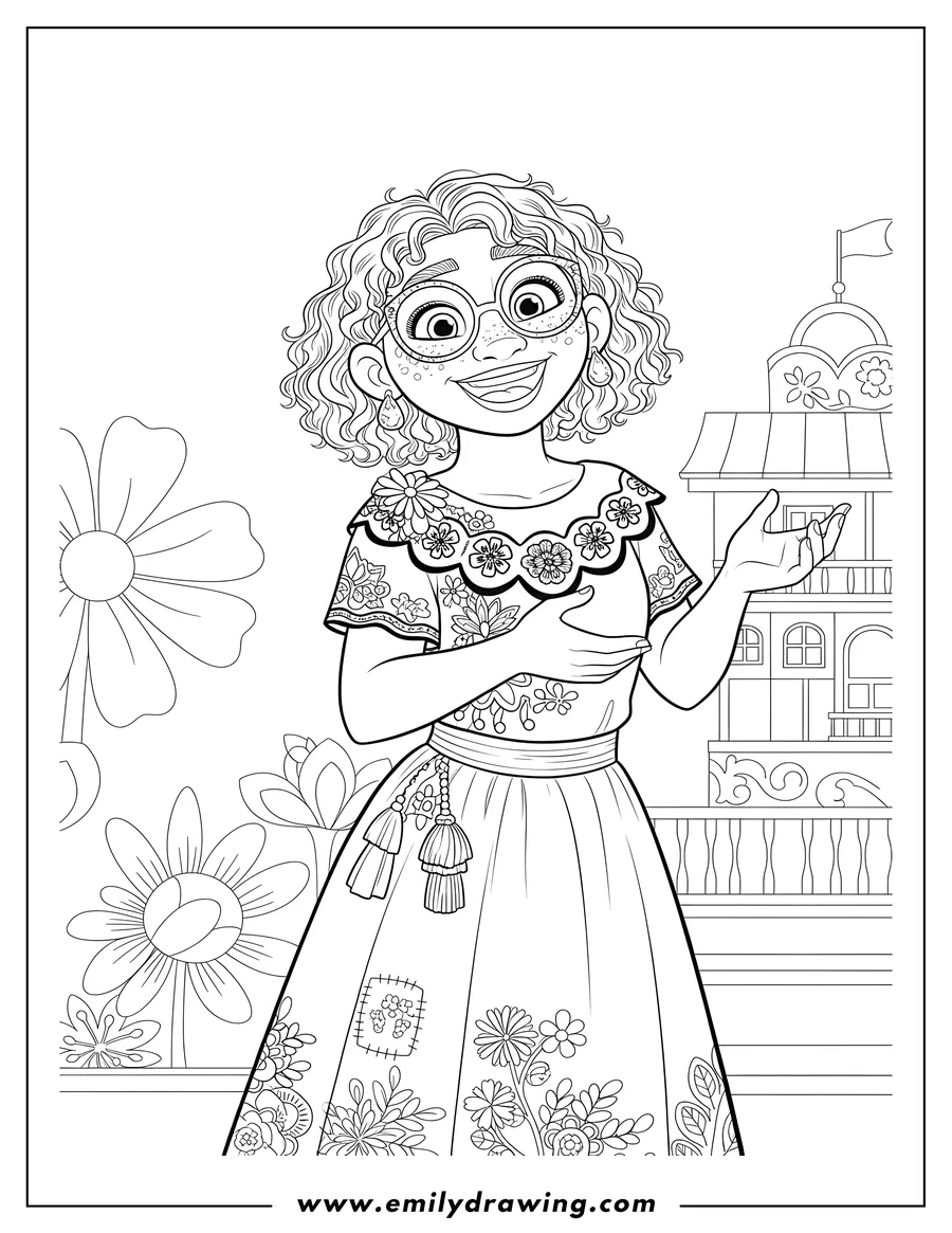 Full page coloring image of encanto Movies, Mirabel Madrigal smiling