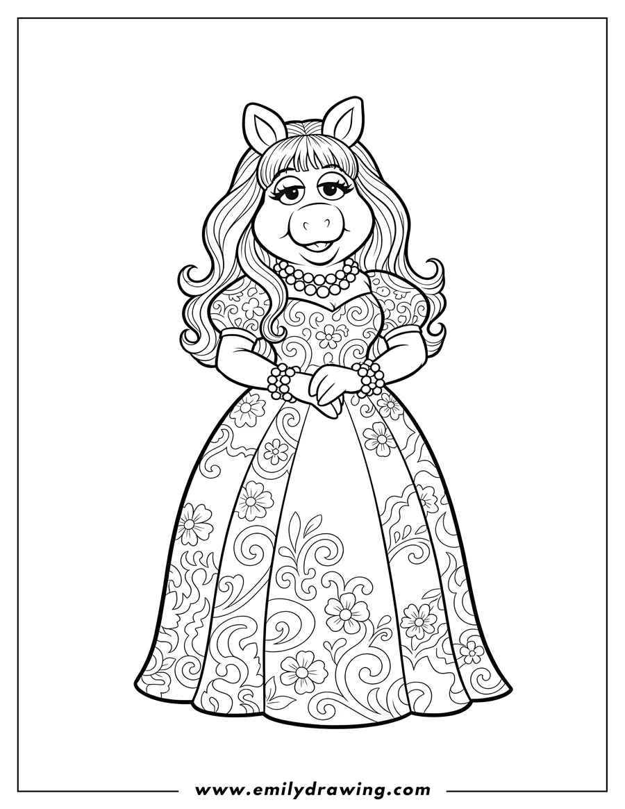 Free printable coloring sheet of miss Piggy with long hair and bangs, wearing a pearl necklace and bracelets, and a dress