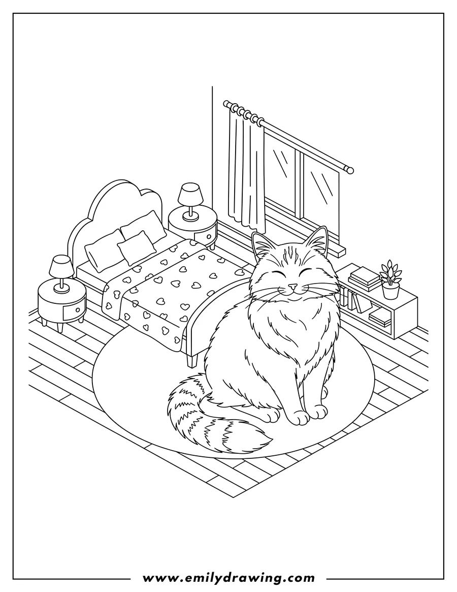 Doodle style coloring picture of modern Isometric Bedroom With Large Cat sitting on the floor