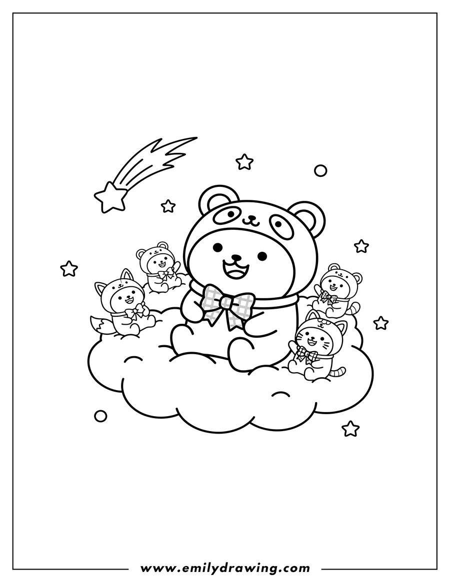 Full page coloring image of cute Molang Animals On Clouds, wearing various animal hats and bows, watching a shooting star