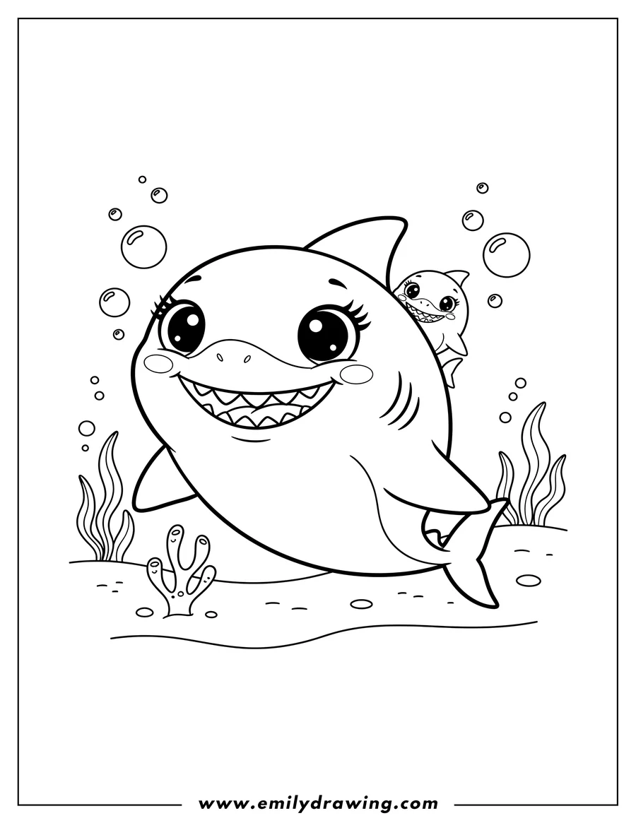 Black and white line art of cute Mommy Shark with big eyes, eyelashes, and a wide smile