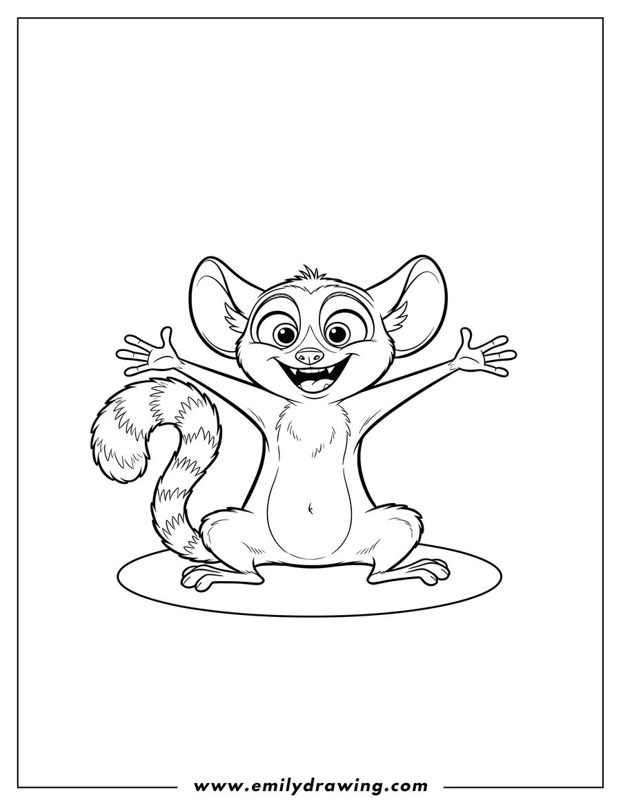 PDF style coloring page: mort the mouse lemur from Madagascar, smiling and sitting with arms spread wide