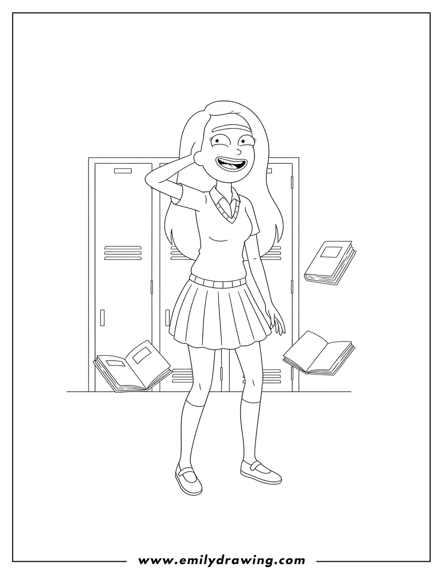 Clean line drawing: morty S Crush Jessica School Uniform, smiling with hand behind head