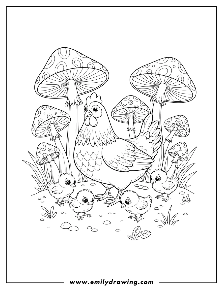 Doodle style coloring picture of A mother hen and her six chicks exploring a mushroom forest