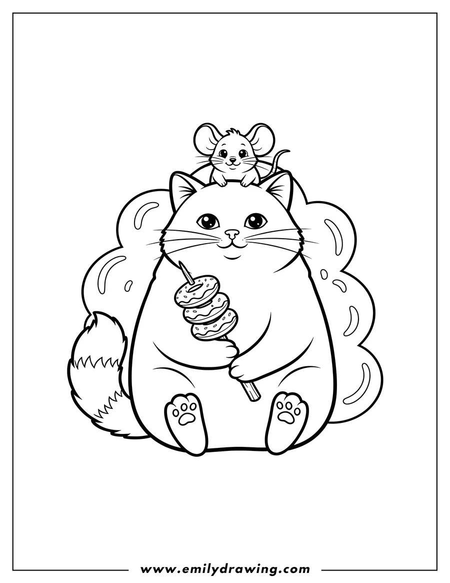 Downloadable coloring page of cute mouse on a cat's head, with the sitting cat holding a stick of three round treats