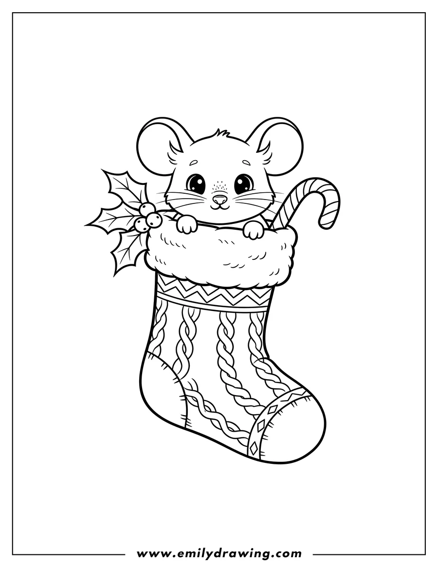 Coloring page of cute mouse peeking out of a Christmas stocking, holding its top edge, with holly berries and a candy cane