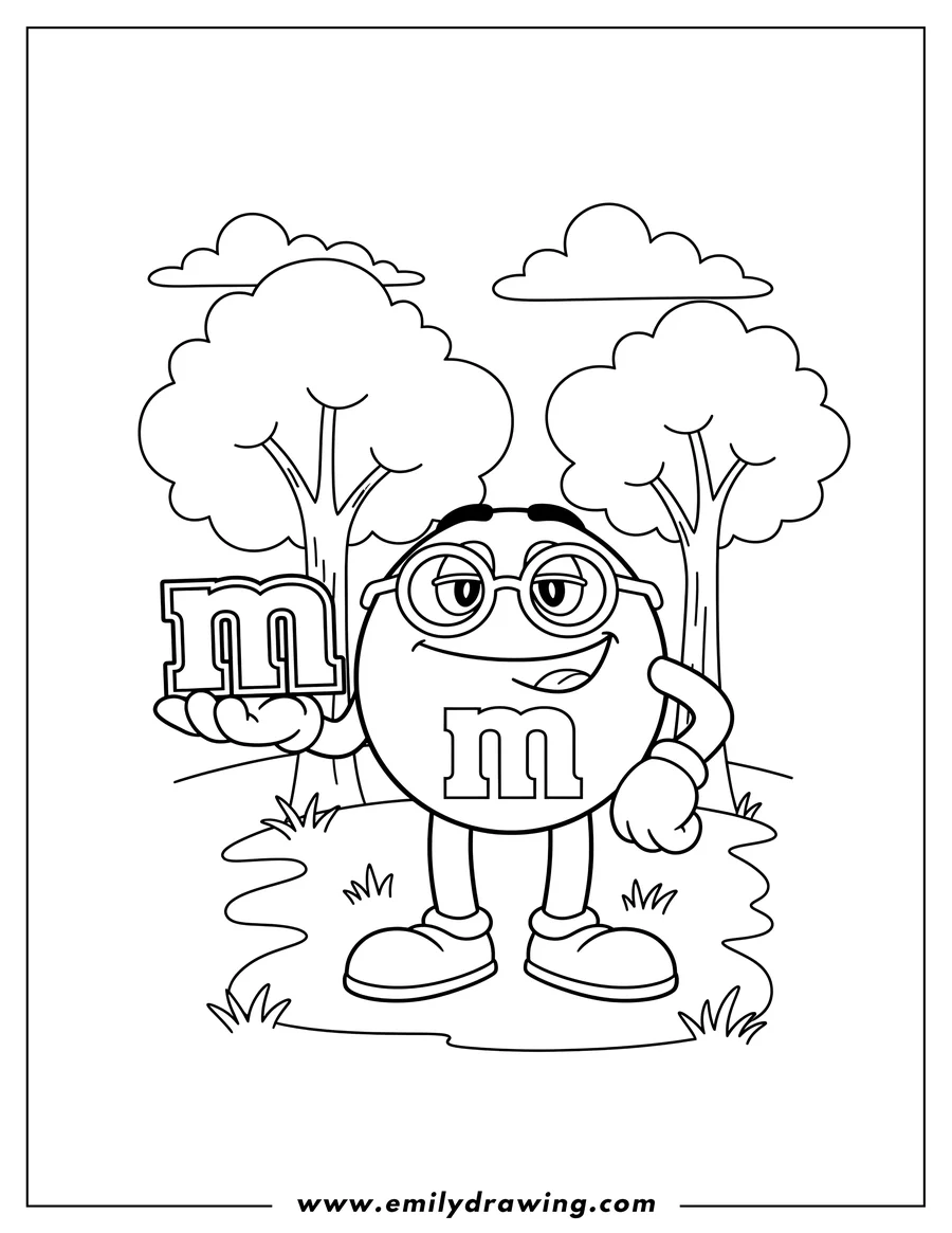 Full page coloring image of mr. Brown M&M character with glasses holding an 'm' emblem in a park