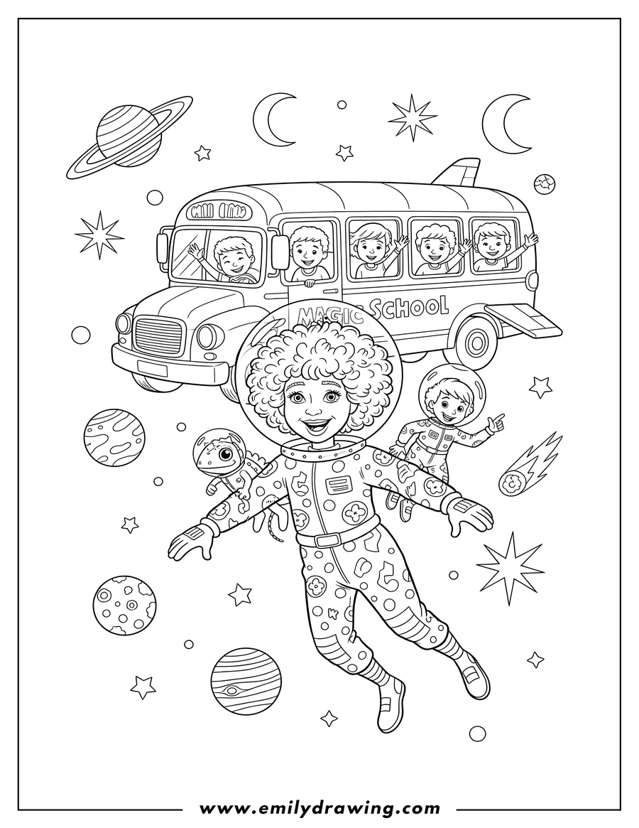 Printable coloring page of ms. Frizzle, Liz, and students exploring outer space. Ms. Frizzle and Liz are floating in spacesuits, with students peeking from the Magic School Bus windows