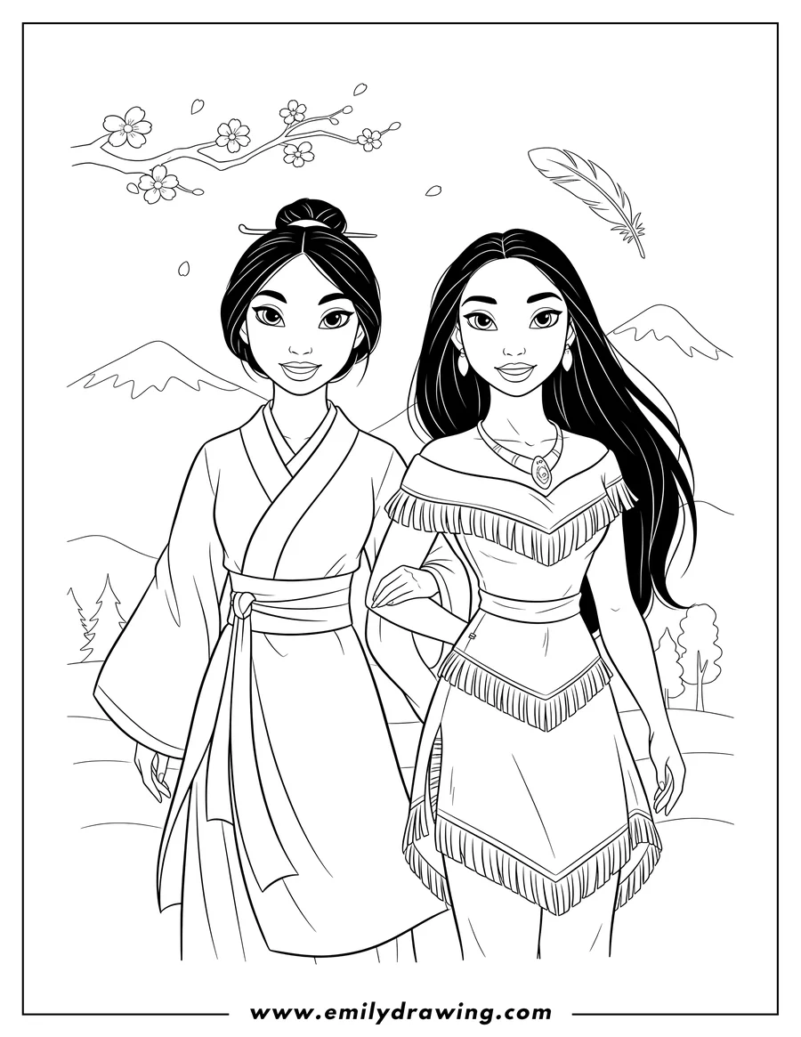 Clean line drawing: mulan and Pocahontas standing side-by-side, smiling