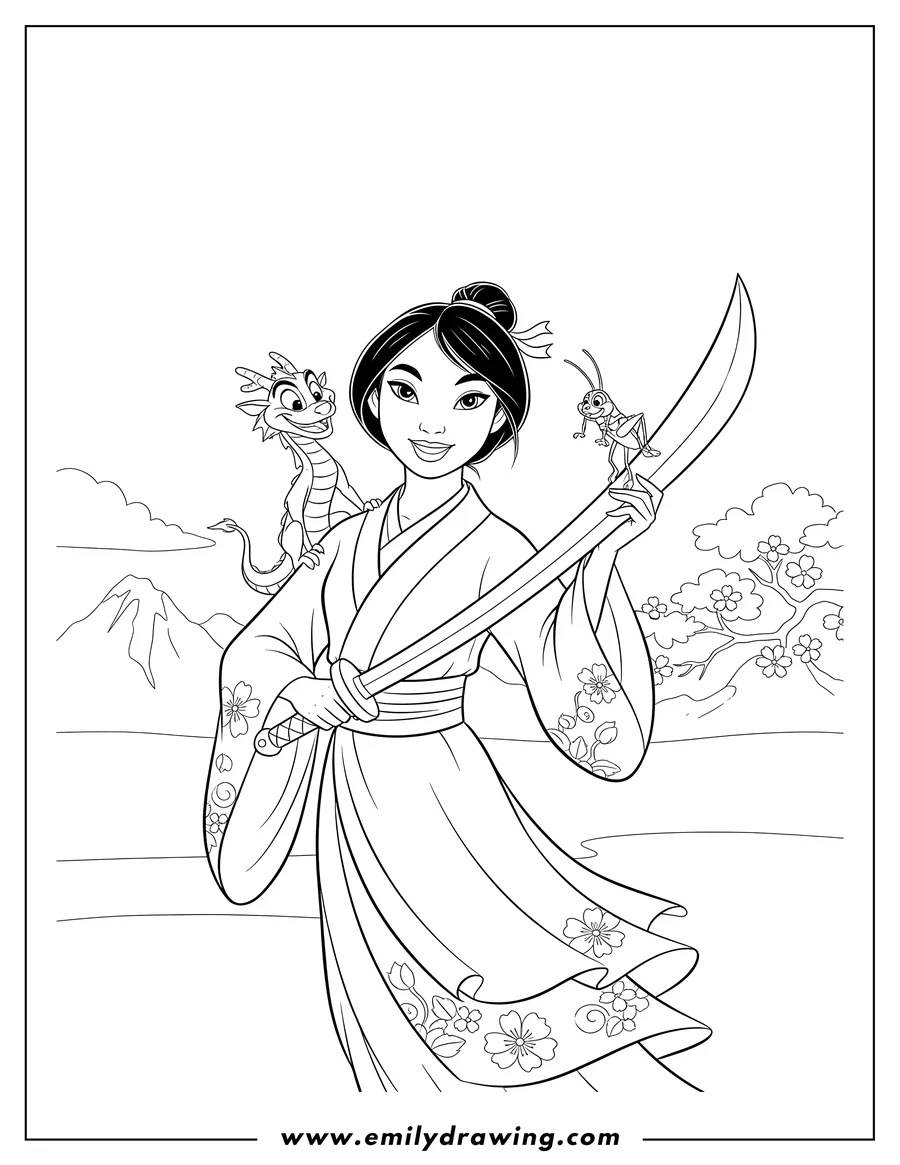 Full page coloring image of easy Outline Mulan With Mushu And Cri Kee, Mulan holding a sword