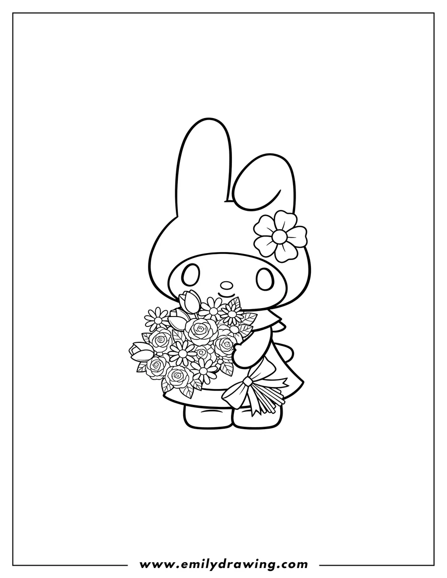 Outline drawing of my Melody holding a bouquet of flowers with a flower on her hood